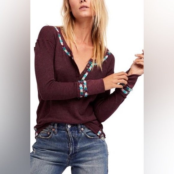 We The Free rainbow Thermal Henley Top In Mustard Sz Small Braid Boho Trim H - Picture 1 of 8